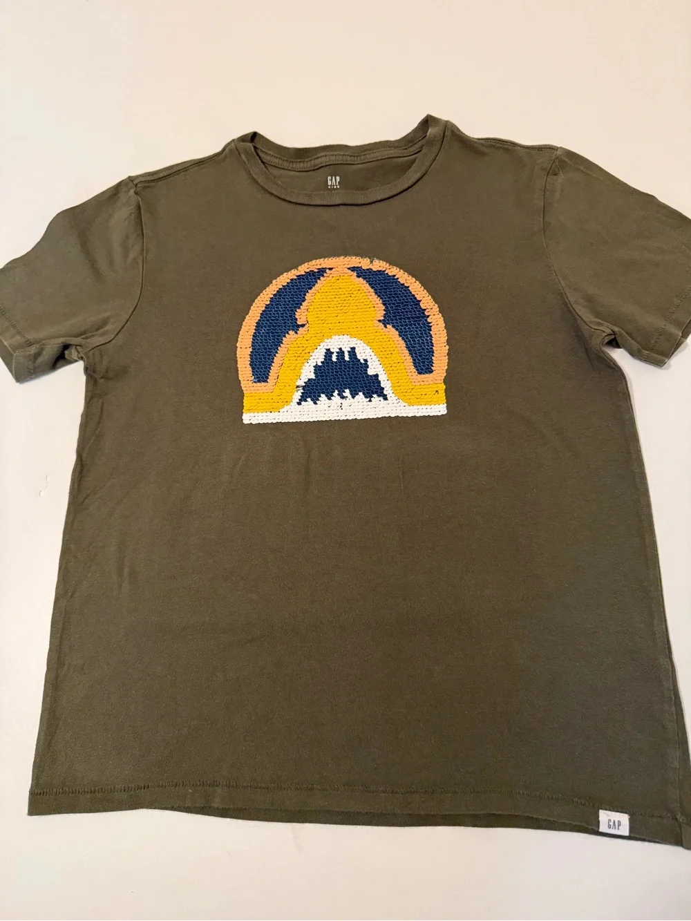 GAP Olive Green Tee with Yellow & Blue Embroidered Graphic